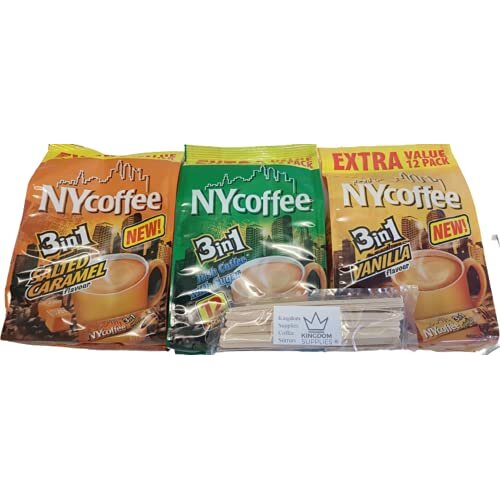 NYCoffee Instant 3 in 1 Coffee sachets 3 Flavours Salted Caramel, Vanilla & Irish Coffee Comes with Kingdom Supplies Coffee Stirrers Just Add Hot